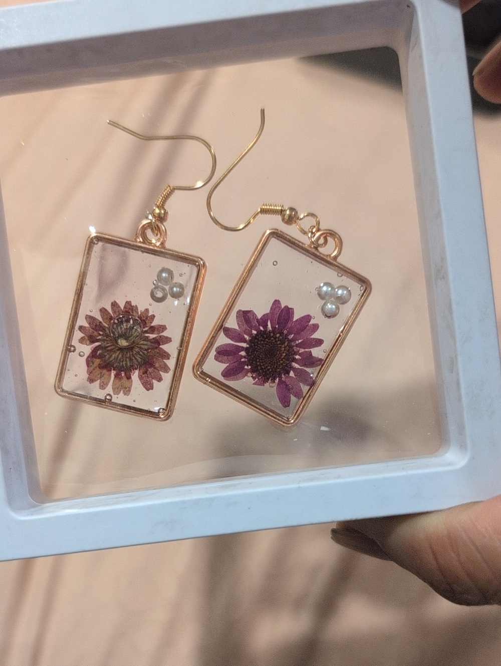 Handmade Purple Flower Resin Drop Earrings - Gold Frame